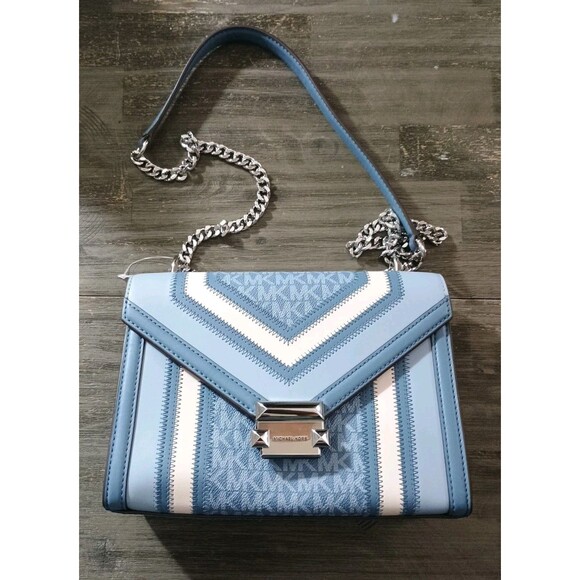 Michael Kors Whitney Blue White Medium Color-Block Signature Logo Bag New - Picture 1 of 9